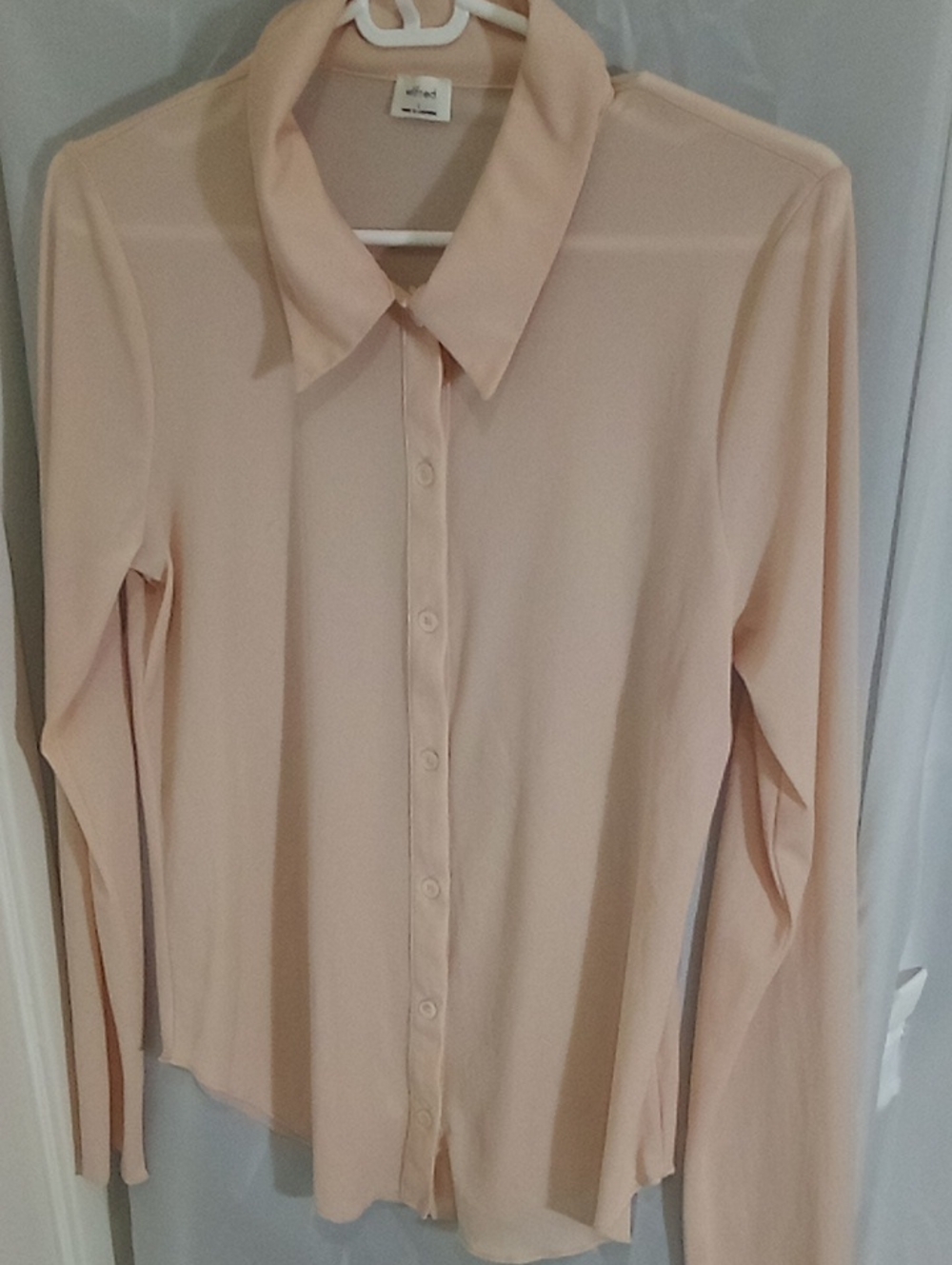 🌁 EUC: WILFRED ARITZIA BLUSH-PEACH LONG-SLEEVE BUTTON FRONT BLOUSE, LARGE.